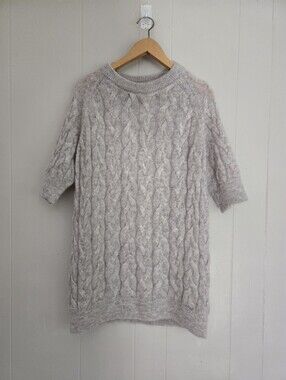 COS Cable Knit Short Sleeve Tunic Length Sweater Fluffy Mohair Blend Taupe M